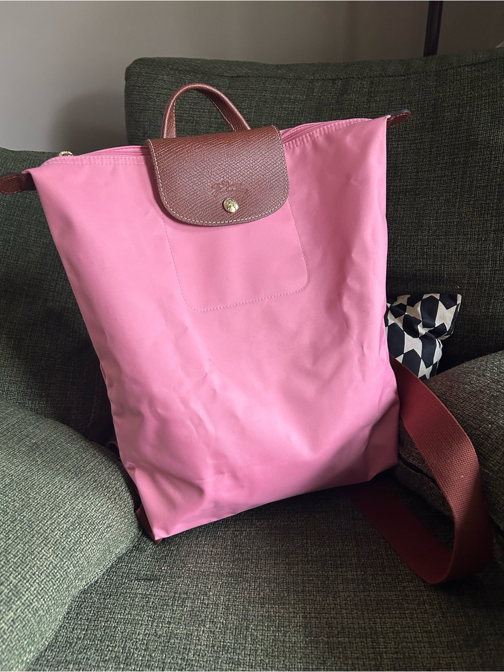Longchamp Pink Nylon Backpack with Brown Leather Flap